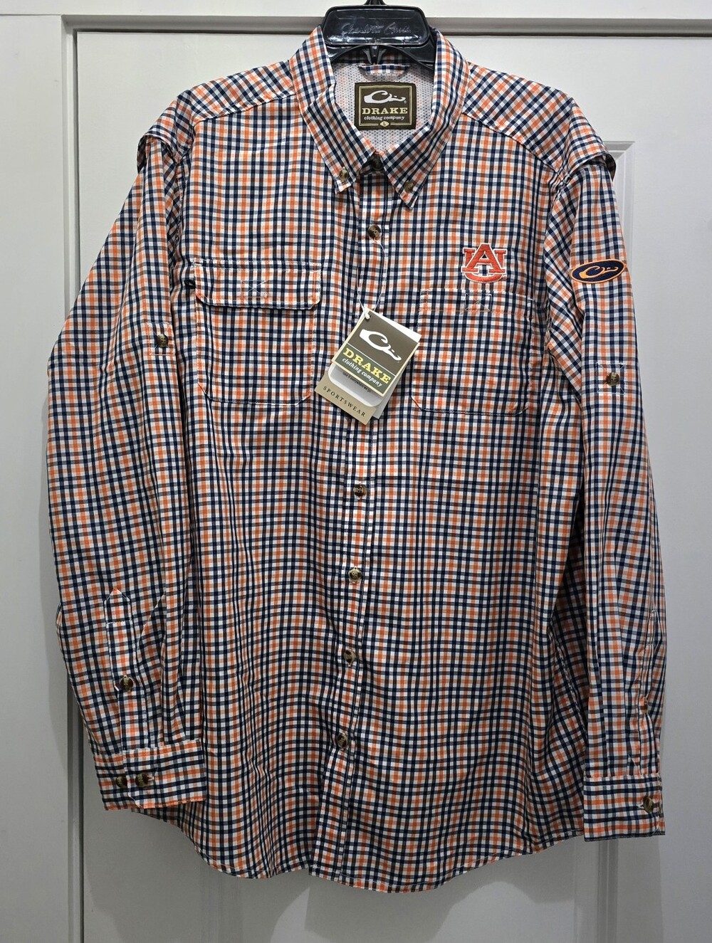Drake Orange and Navy Plaid Button-Down Shirt with Auburn Logo